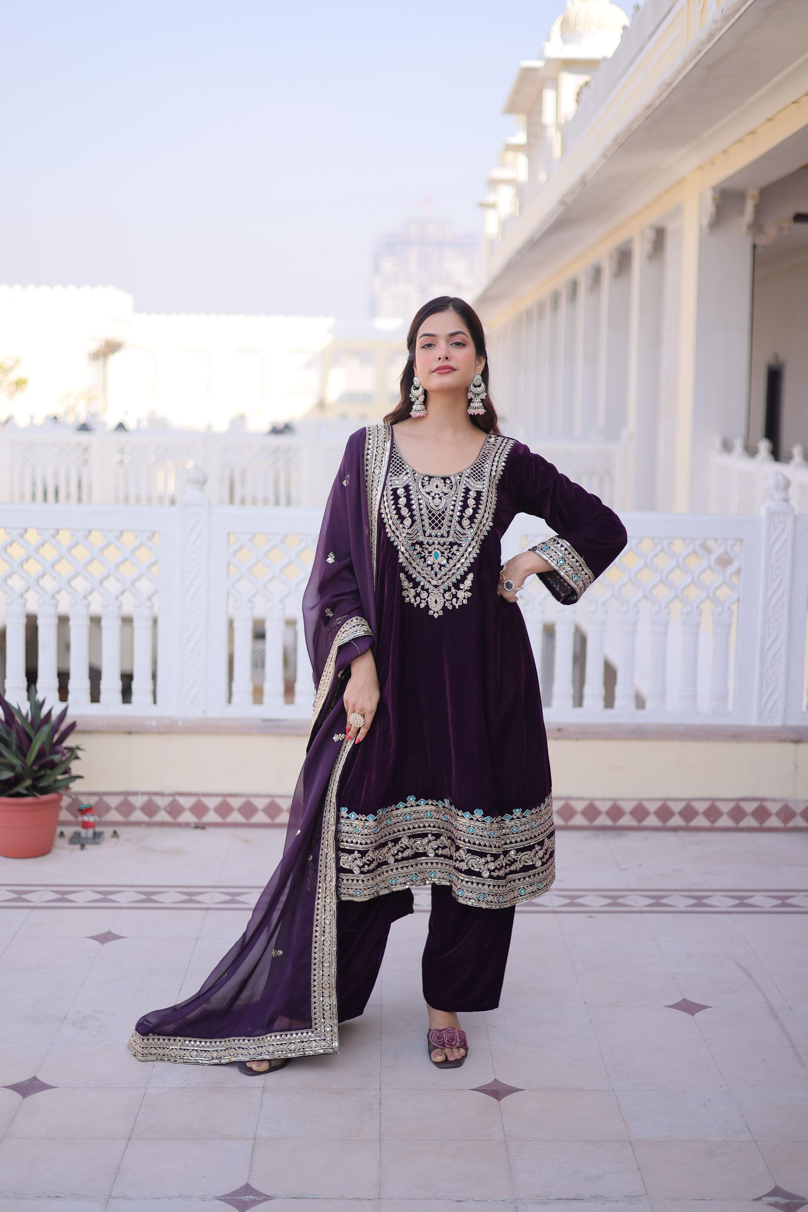 Wine Velvet Sequins embroidered Anarkali Suit