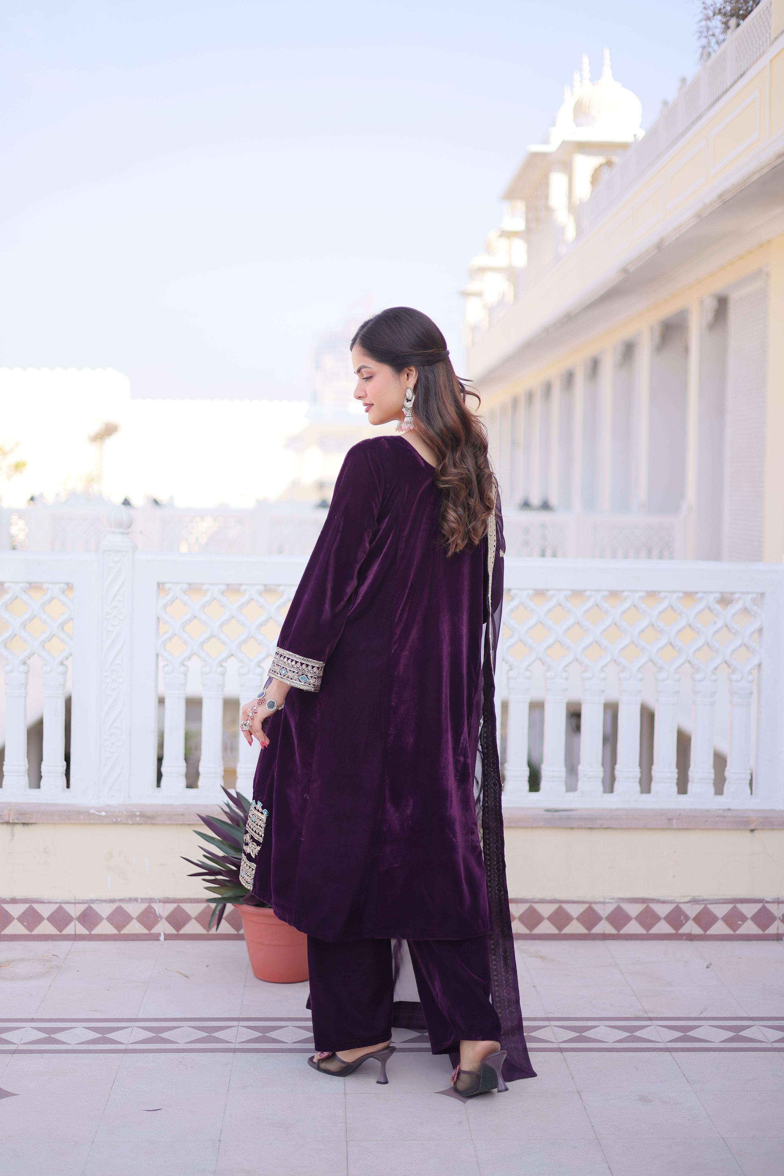 Wine Velvet Sequins embroidered Anarkali Suit — alternate view