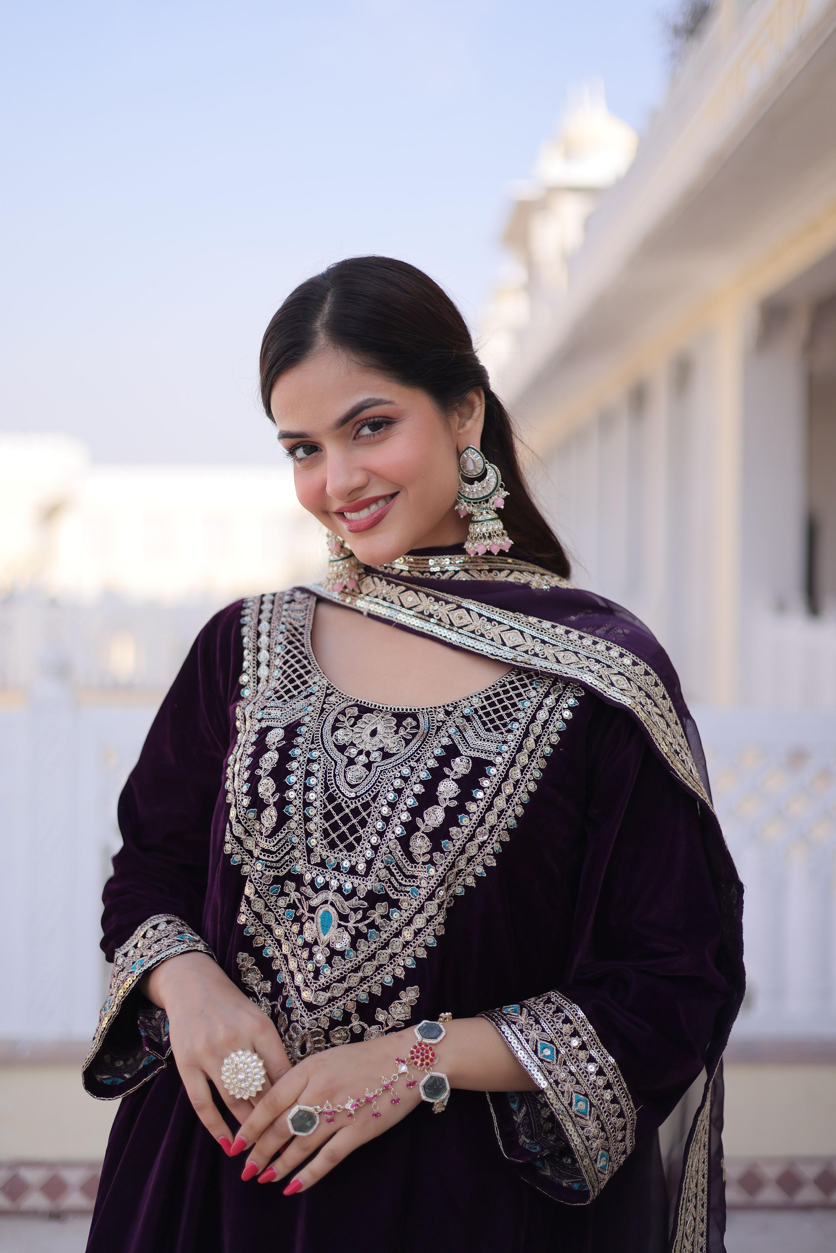 Wine Velvet Sequins embroidered Anarkali Suit