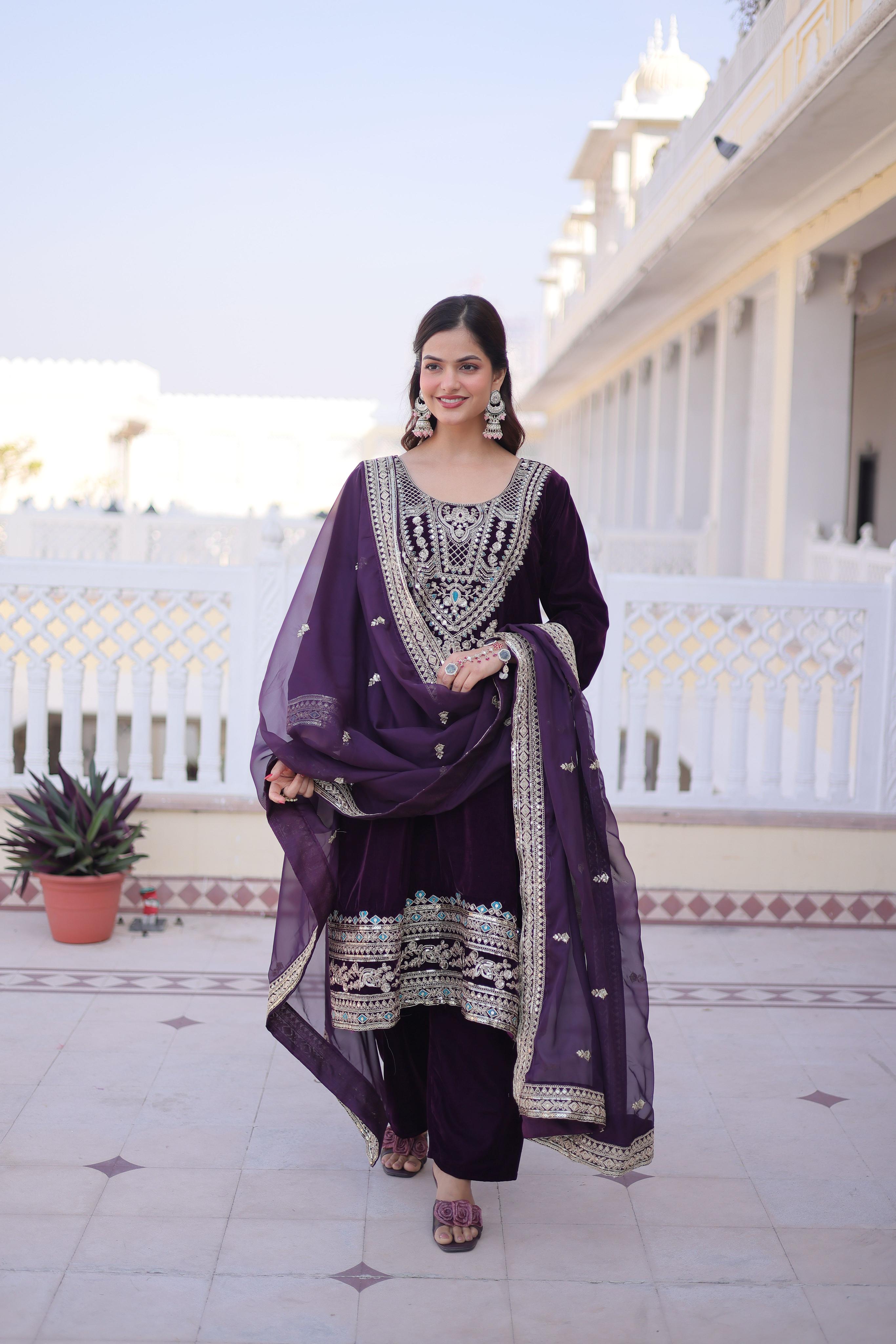 Wine Velvet Sequins embroidered Anarkali Suit