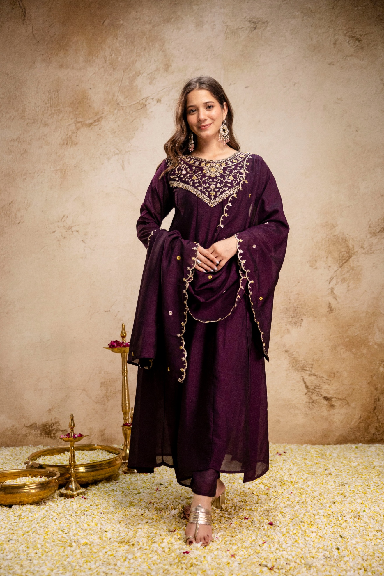 Wine Vichitra Silk Embroidered Kurta Set