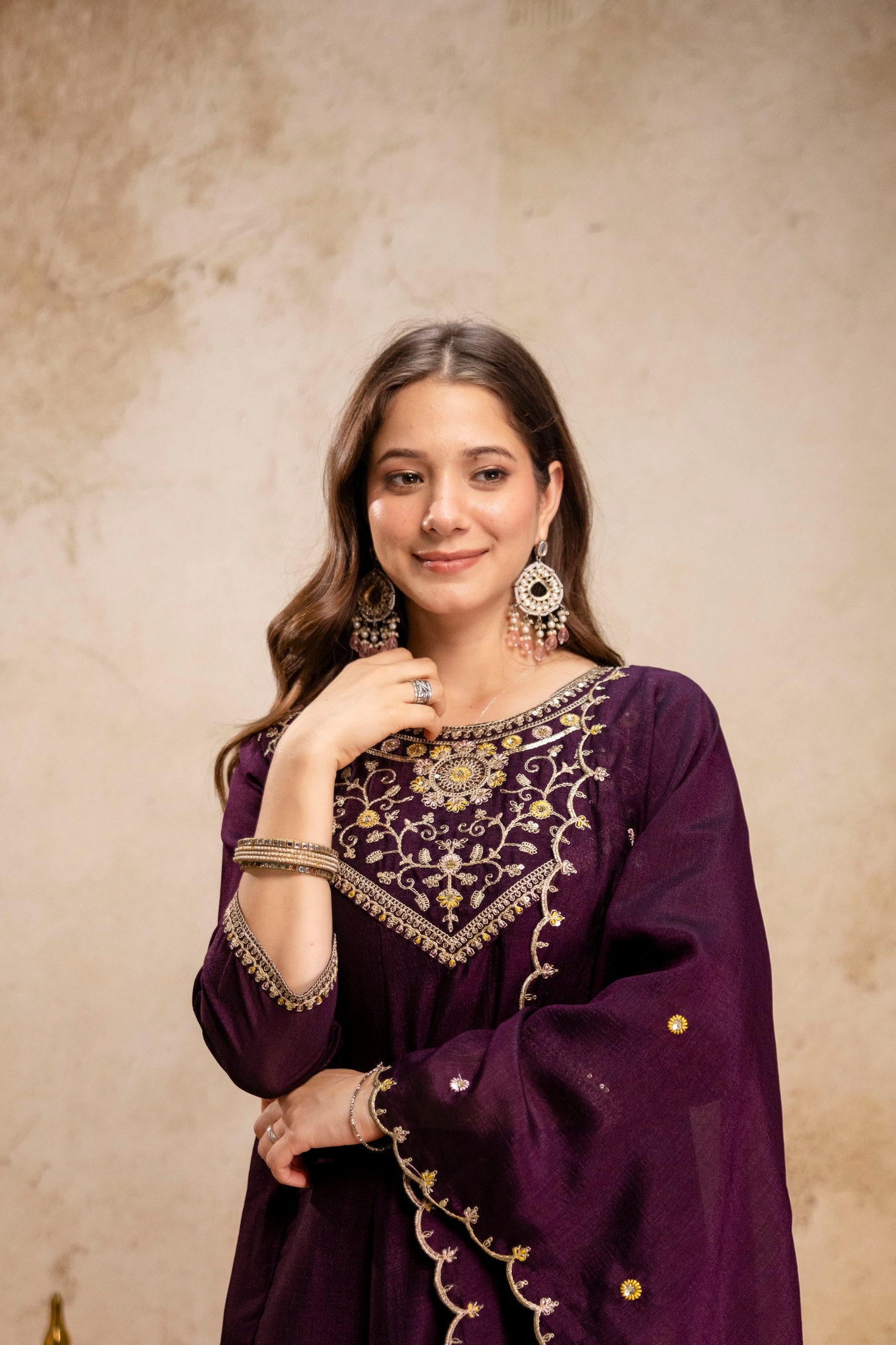 Wine Vichitra Silk Embroidered Kurta Set