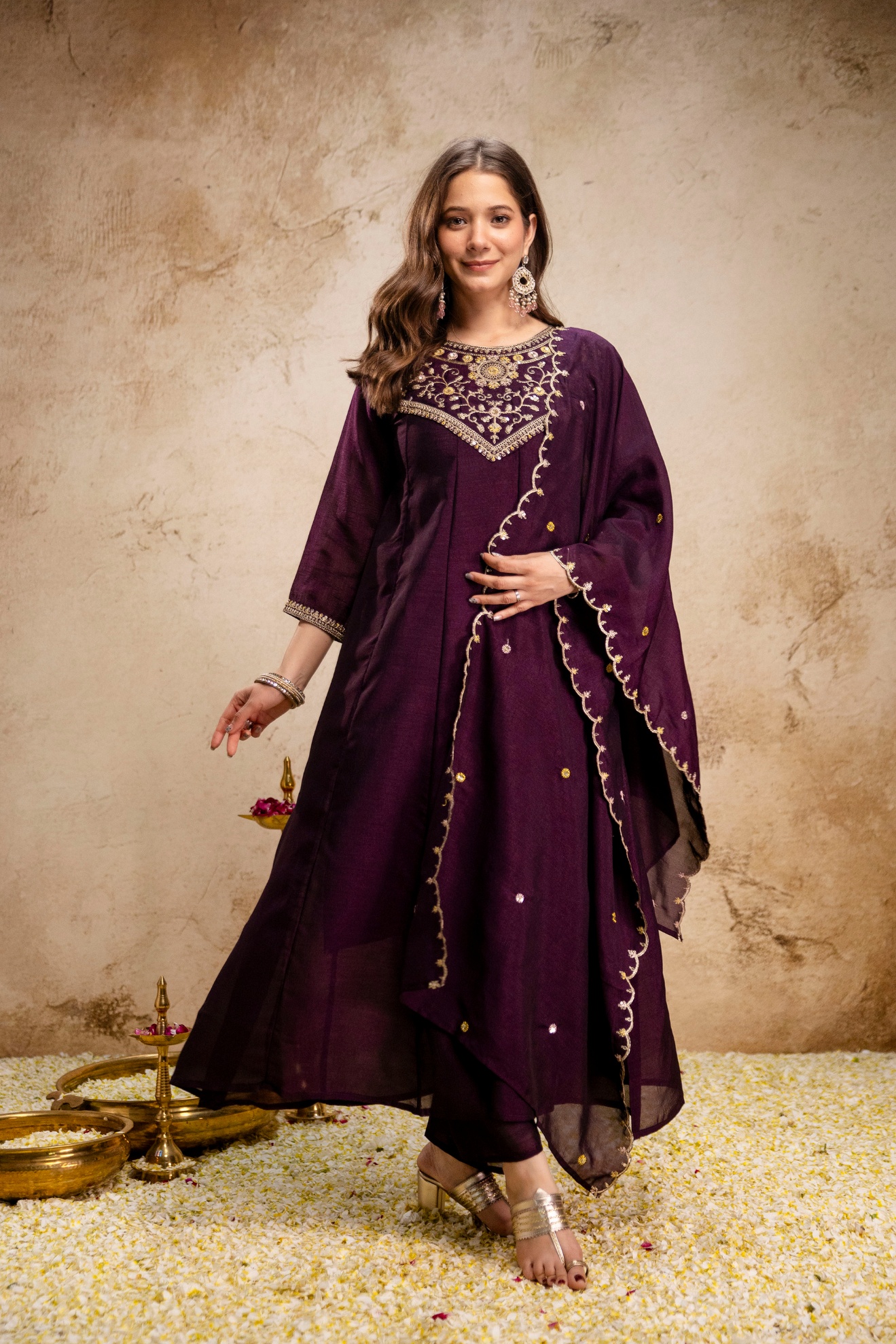 Wine Vichitra Silk Embroidered Kurta Set