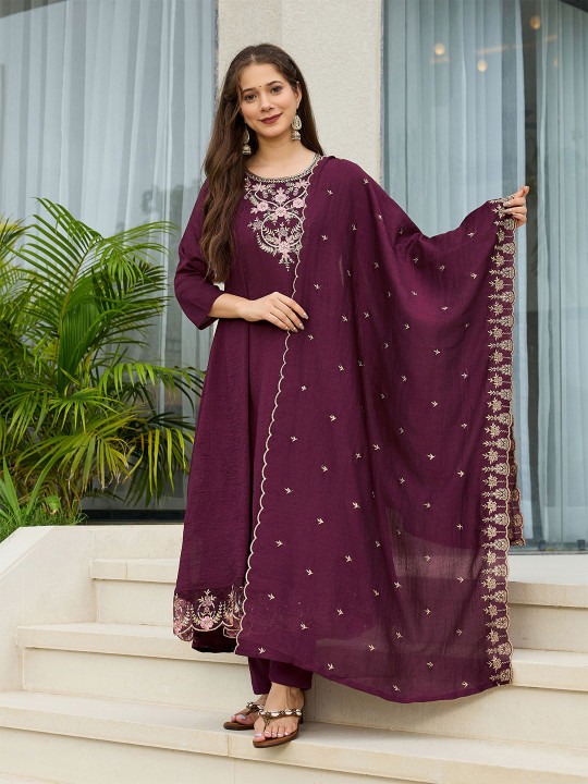 Wine Vichitra Silk Embroidered Readymade Suit
