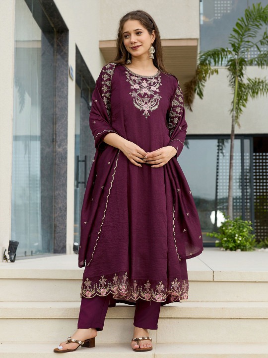 Wine Vichitra Silk Embroidered Readymade Suit