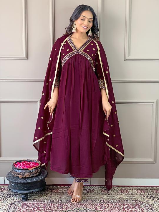 Wine Vichitra Silk Salwar Suit