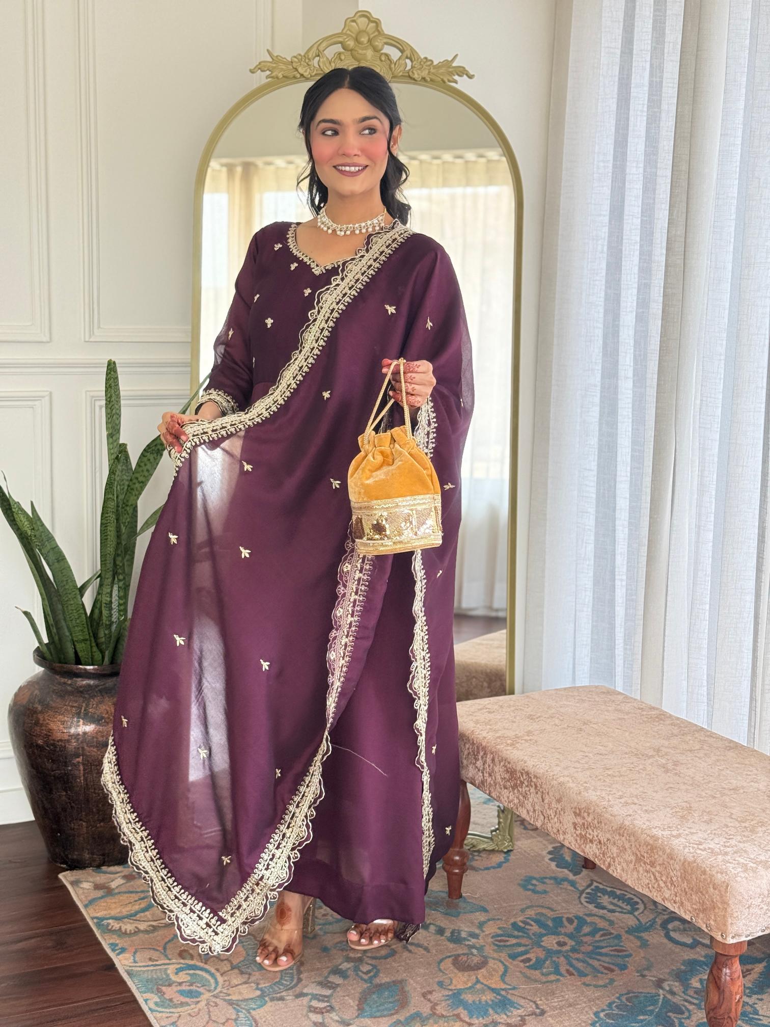 Wine Vichitra Silk Straight Pant Suit