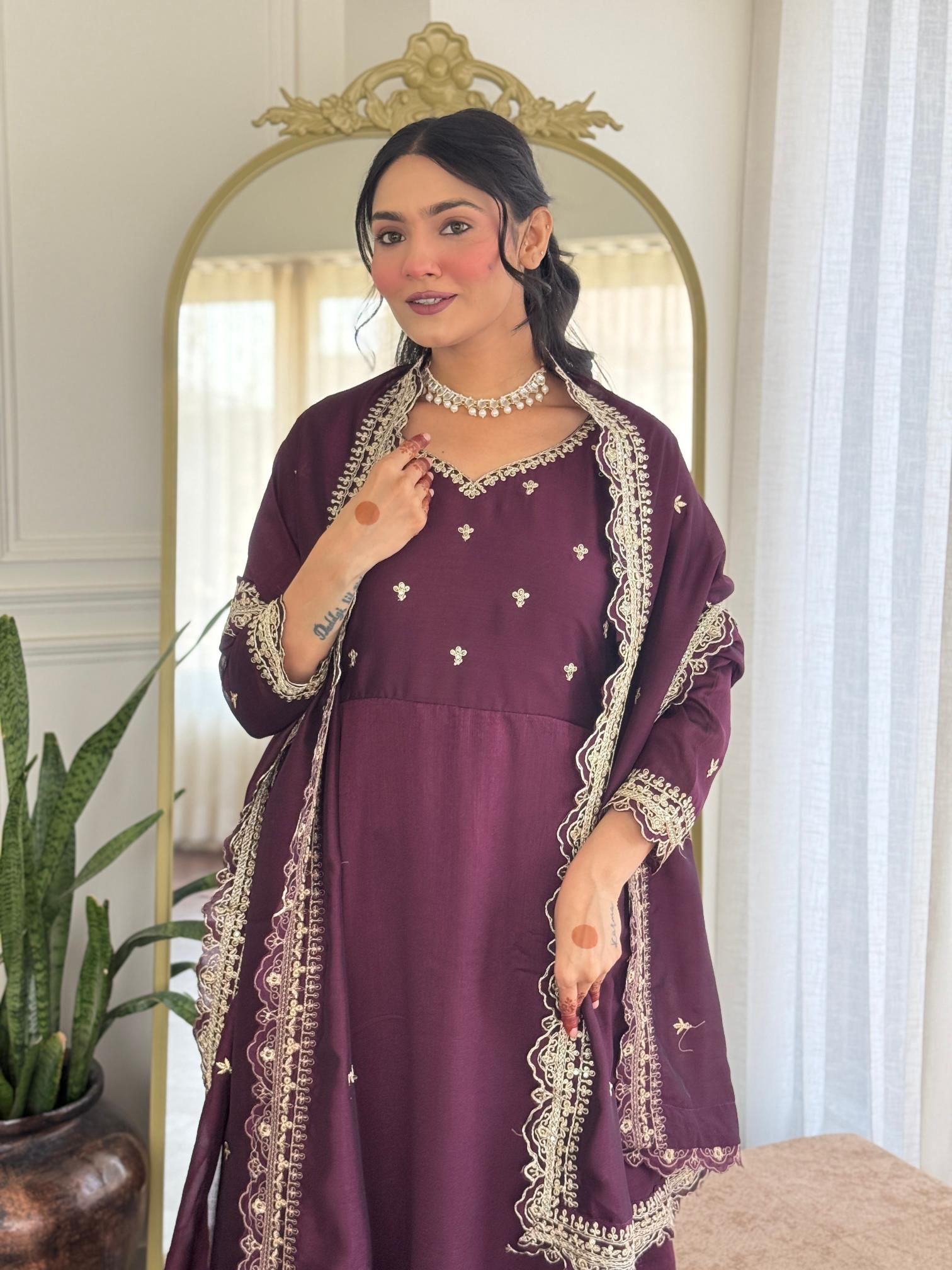 Wine Vichitra Silk Straight Pant Suit — alternate view