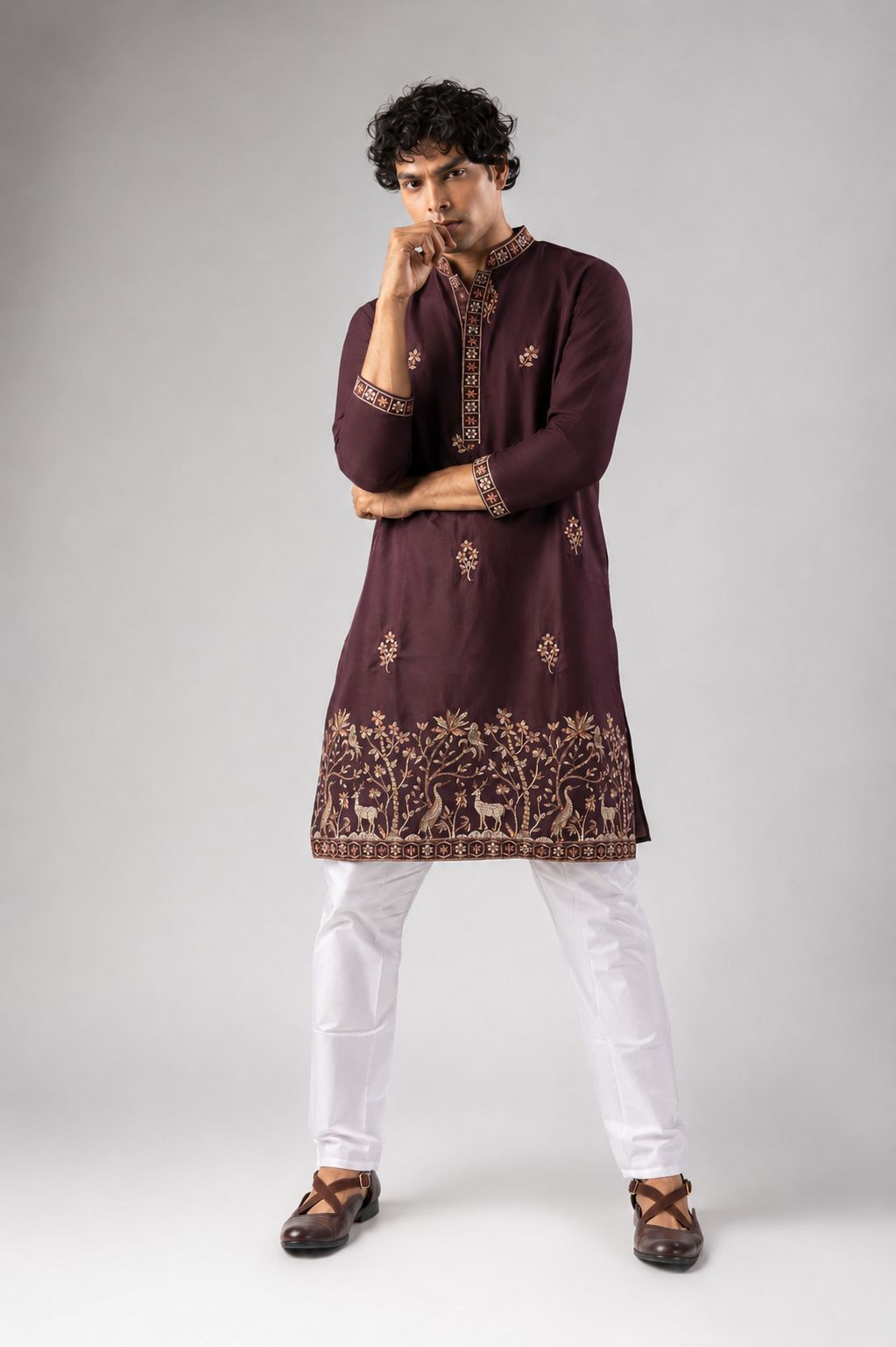 Wine Viscose Silk Floral Kurta Pyjama