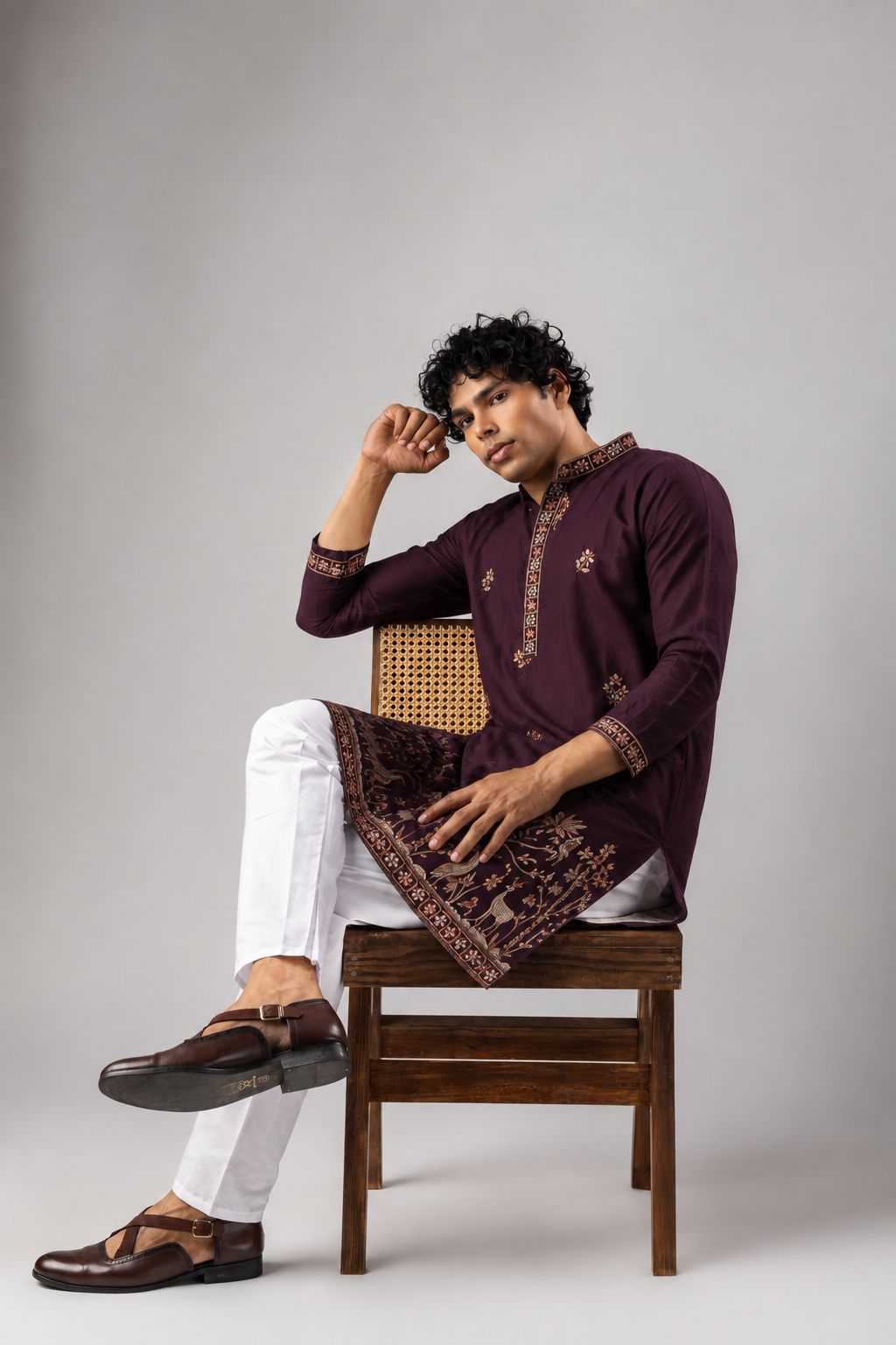 Wine Viscose Silk Floral Kurta Pyjama — alternate view