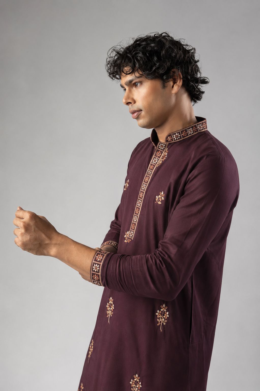 Wine Viscose Silk Floral Kurta Pyjama