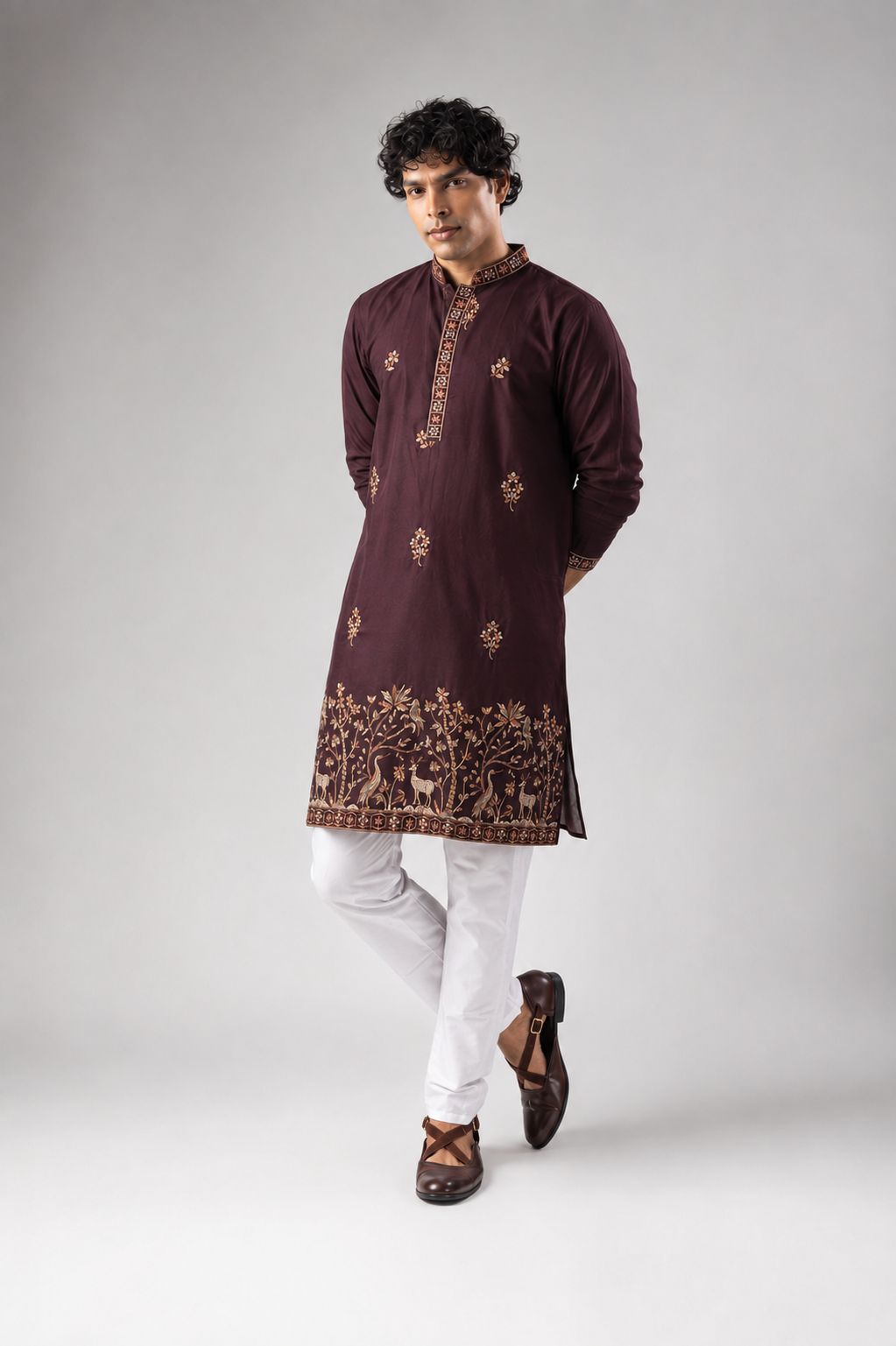 Wine Viscose Silk Floral Kurta Pyjama