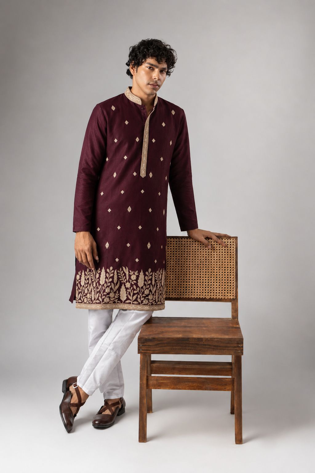 Wine Viscose Silk Paisley Kurta Pyjama