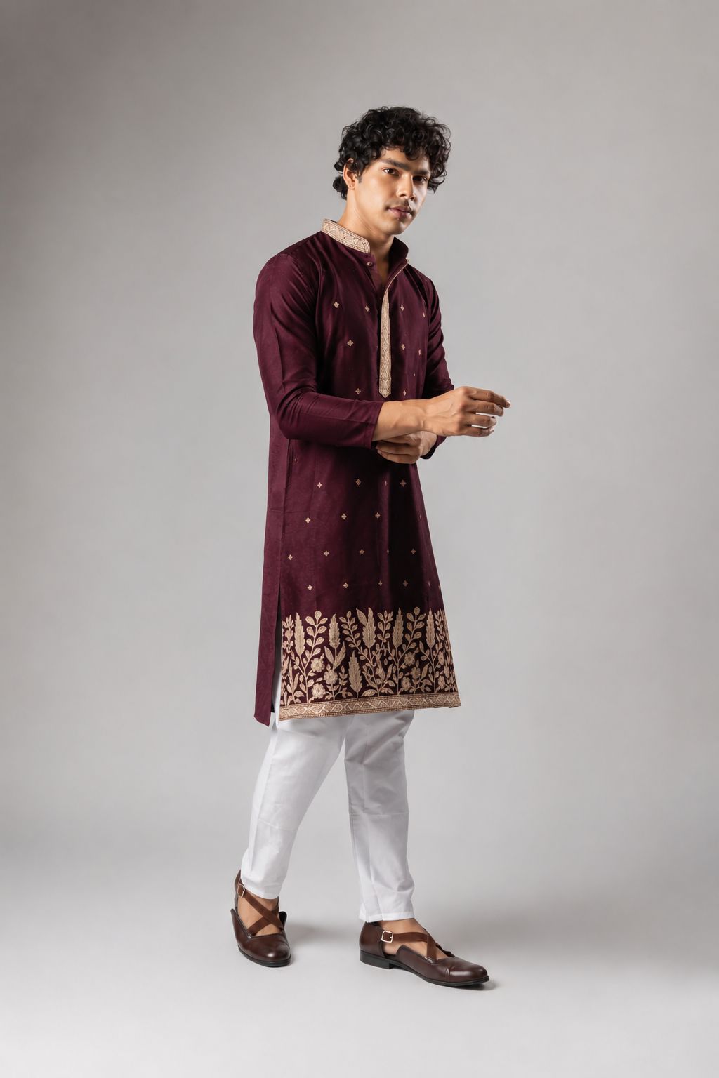 Wine Viscose Silk Paisley Kurta Pyjama