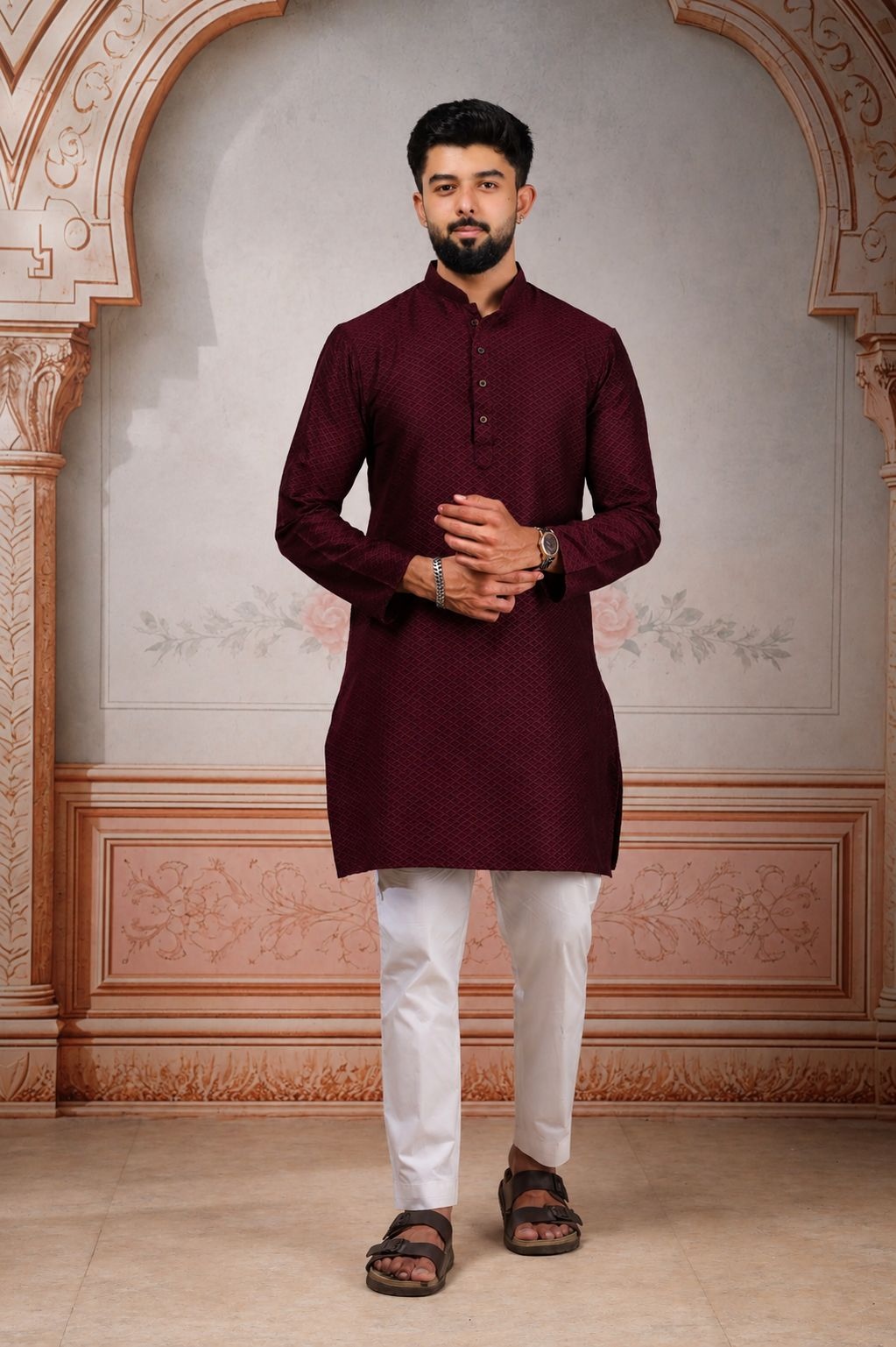 Wine Woven Cotton Kurta Pyjama