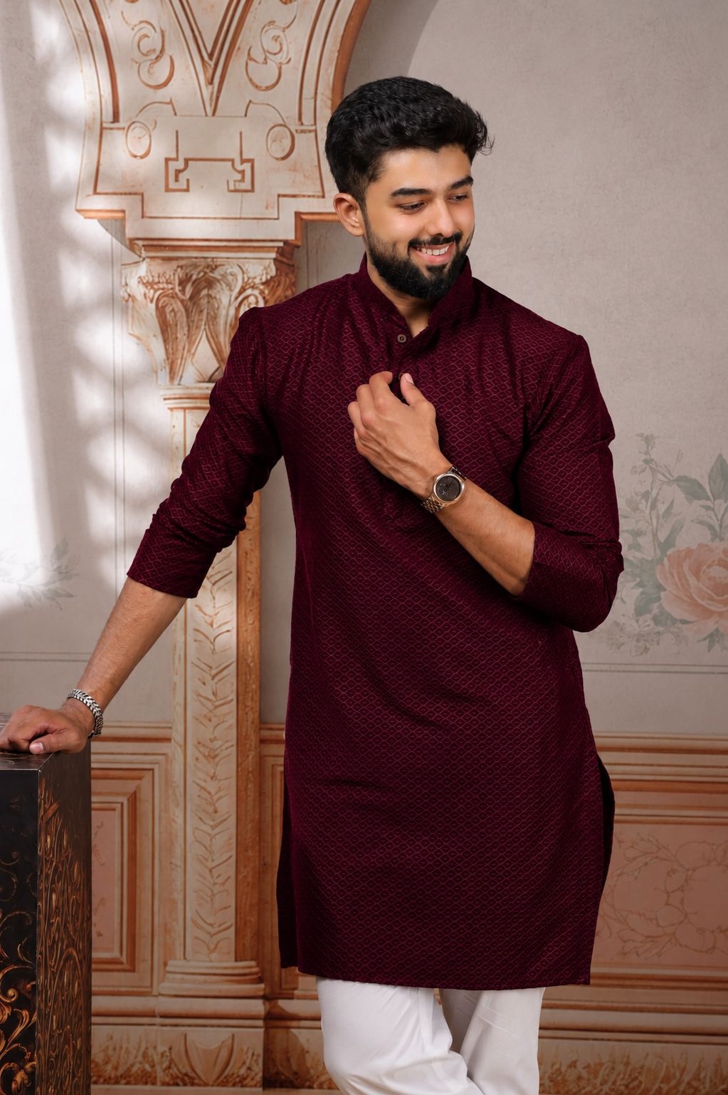 Wine Woven Cotton Kurta Pyjama