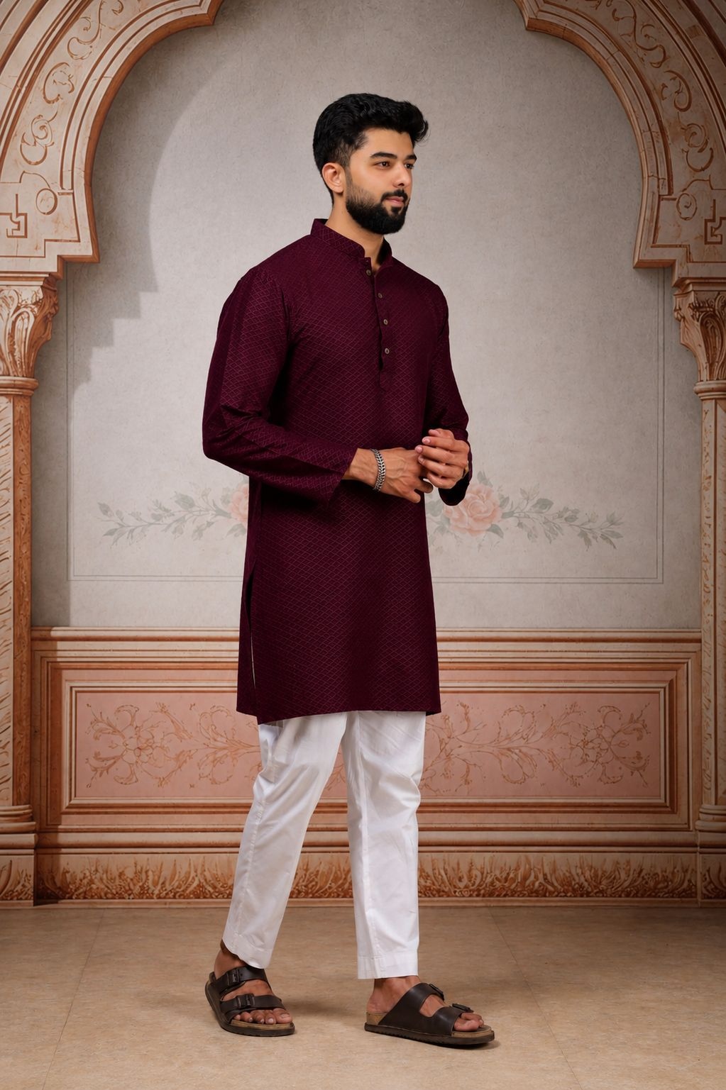 Wine Woven Cotton Kurta Pyjama