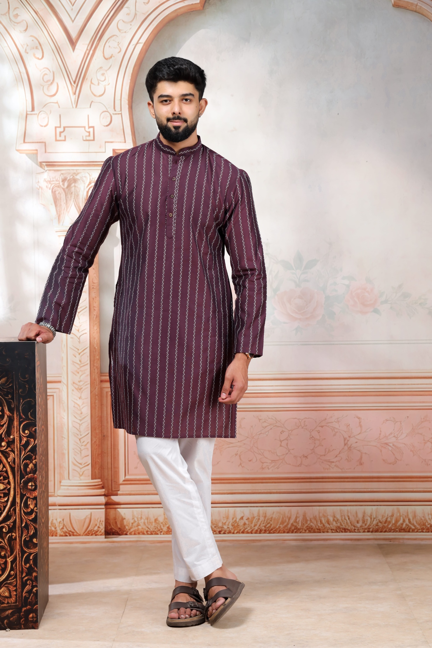 Wine Woven Designer Cotton Kurta Pyjama