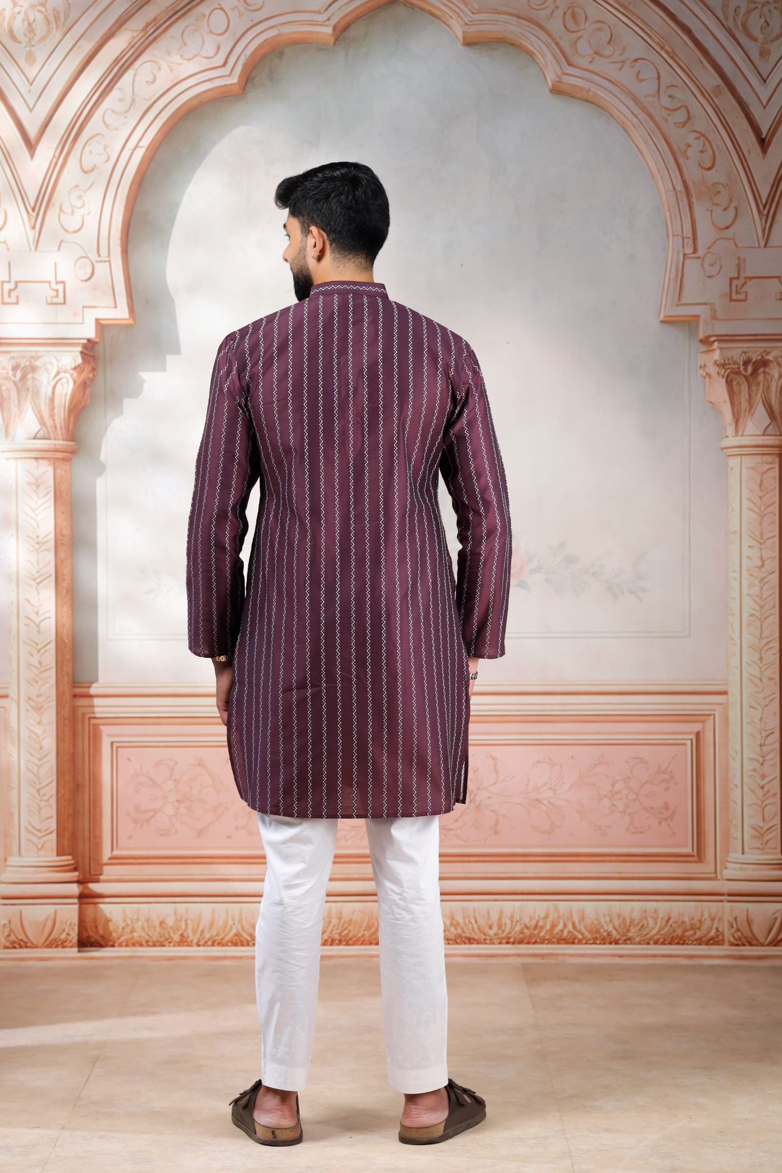 Wine Woven Designer Cotton Kurta Pyjama — alternate view
