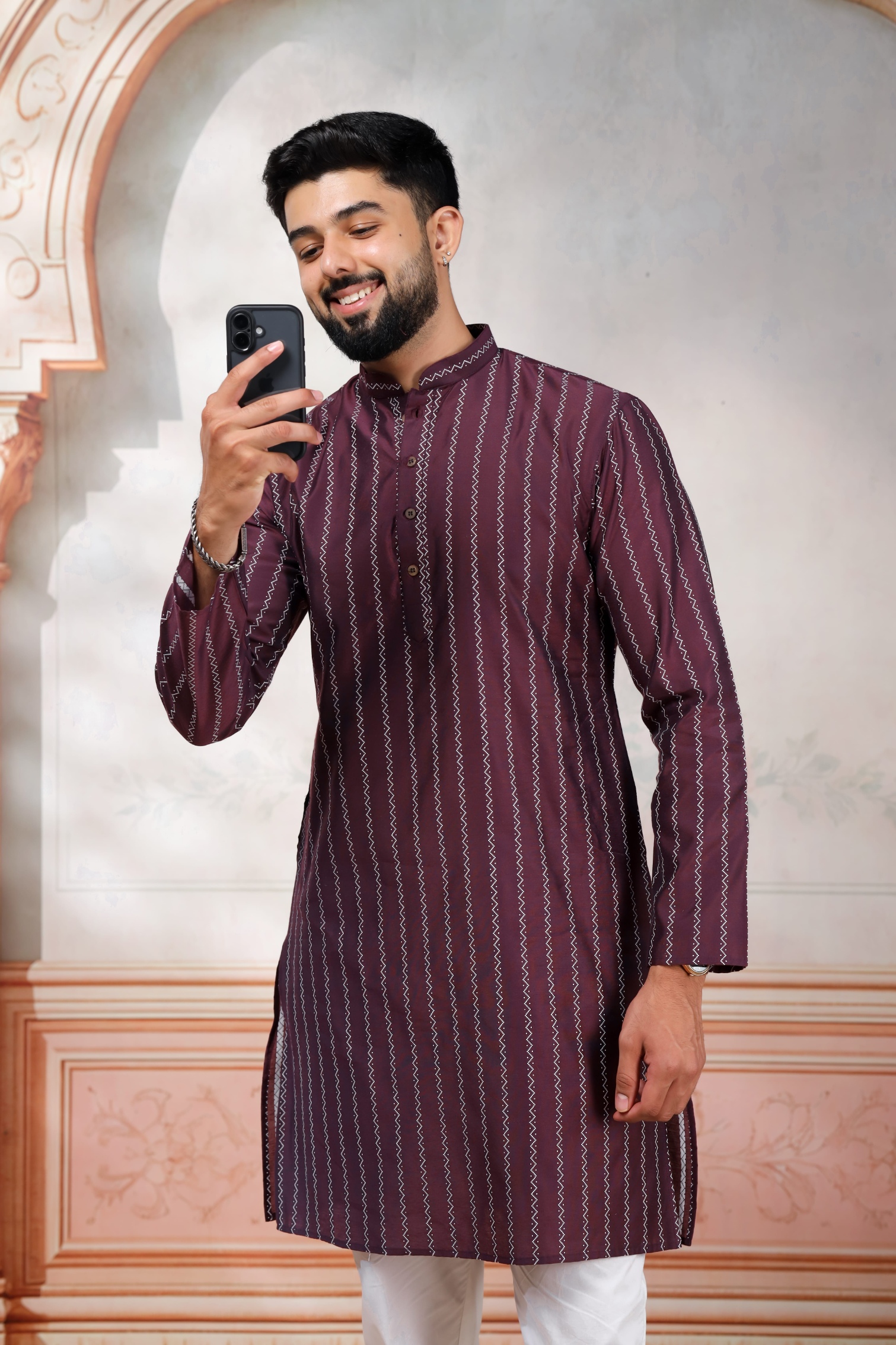 Wine Woven Designer Cotton Kurta Pyjama