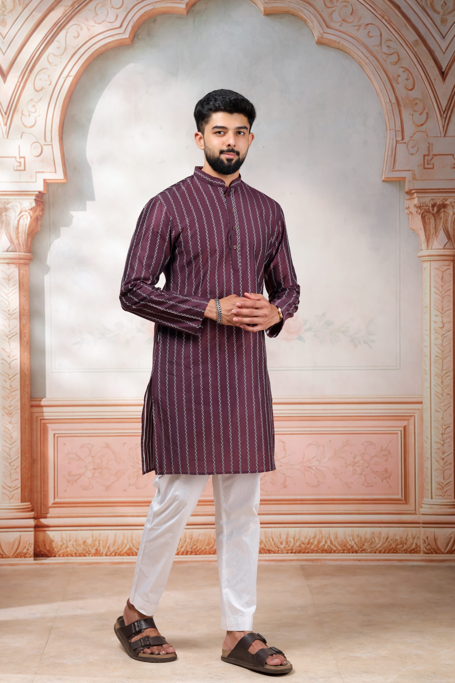 Wine Woven Designer Cotton Kurta Pyjama