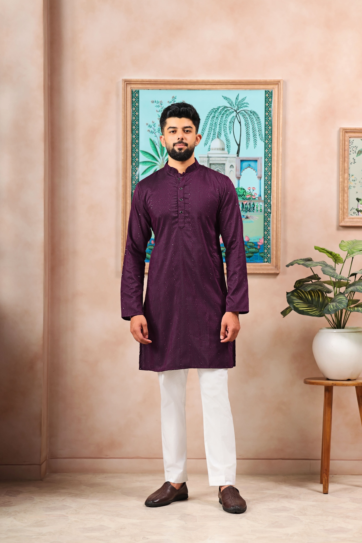 Wine Woven Dobby Designer Cotton Kurta Pyjama