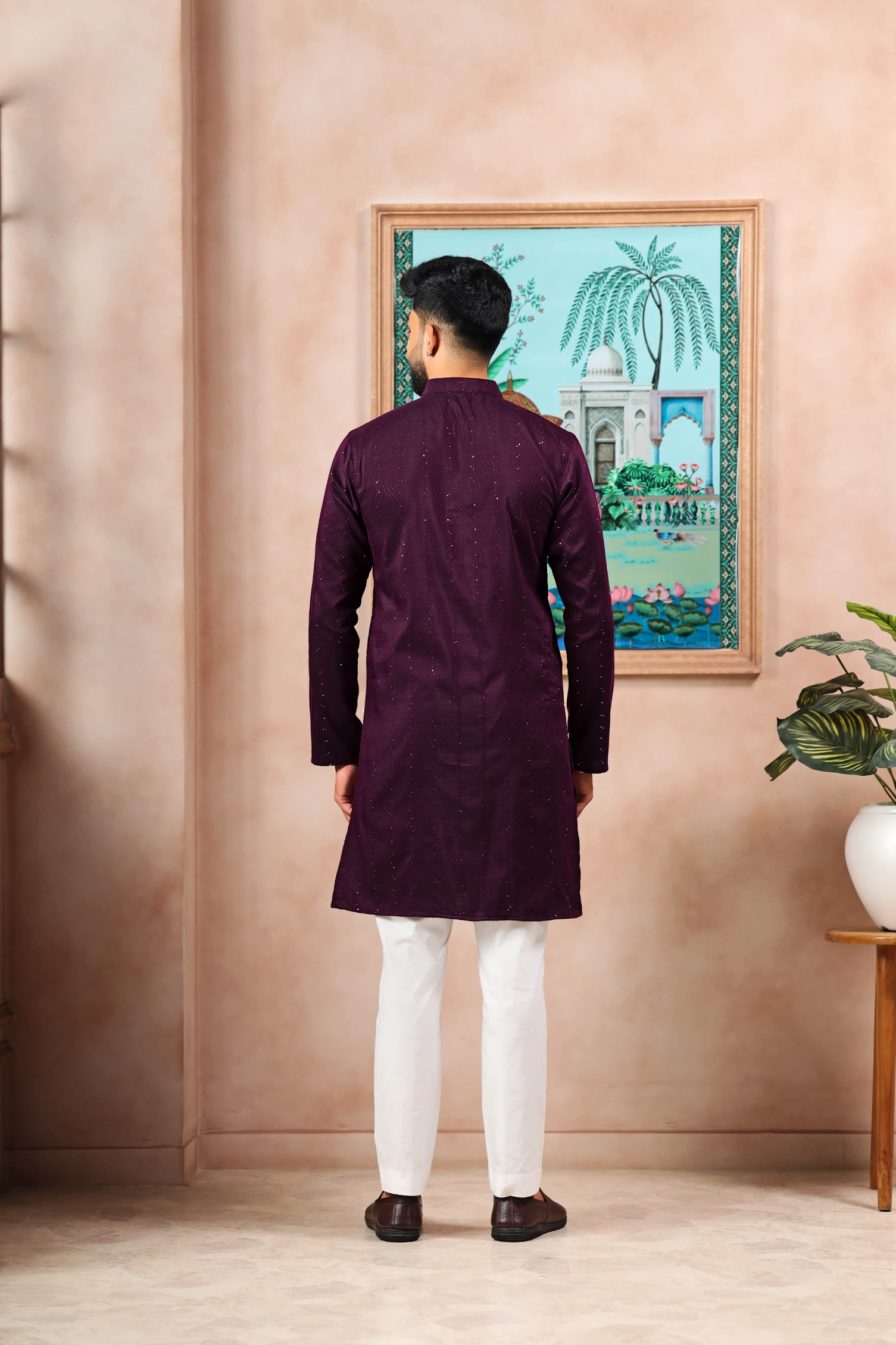 Wine Woven Dobby Designer Cotton Kurta Pyjama — alternate view