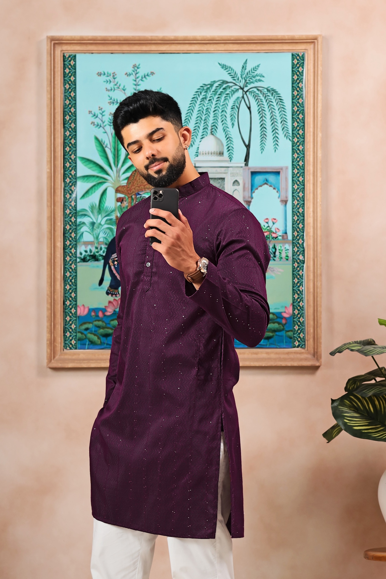 Wine Woven Dobby Designer Cotton Kurta Pyjama