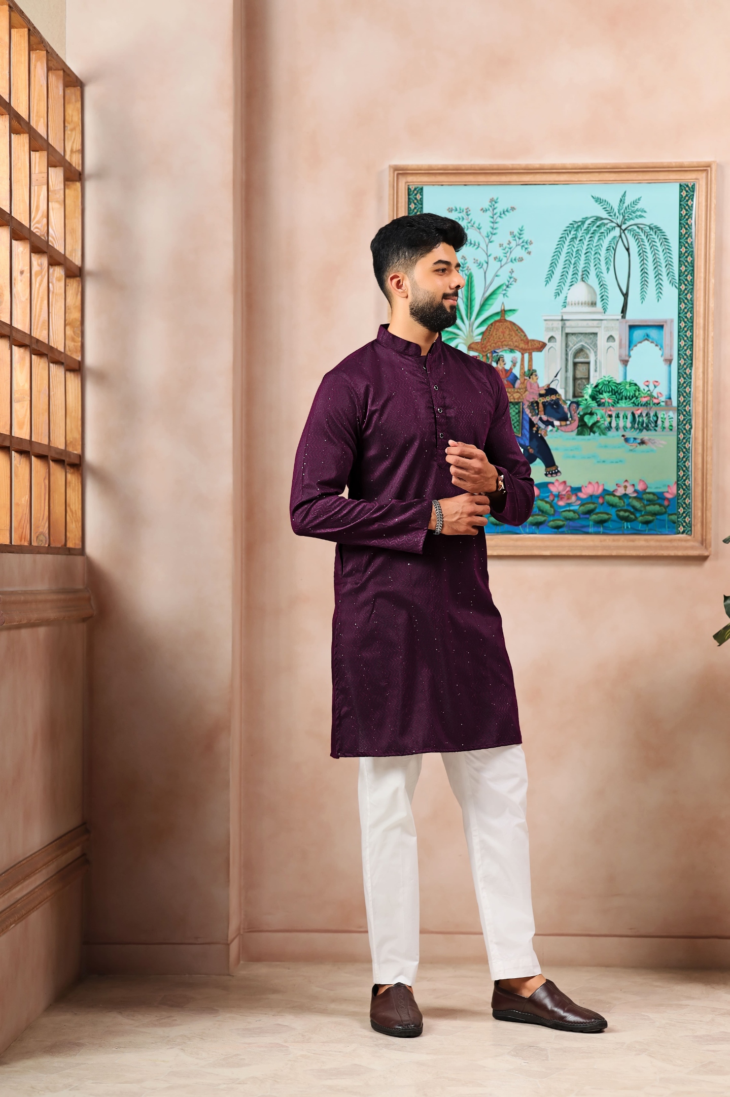 Wine Woven Dobby Designer Cotton Kurta Pyjama