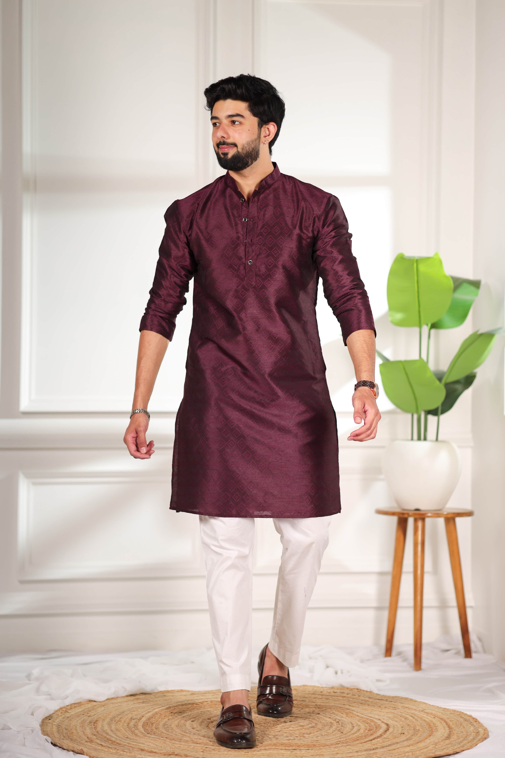Wine Woven Pattern Art Silk Kurta Pyjama