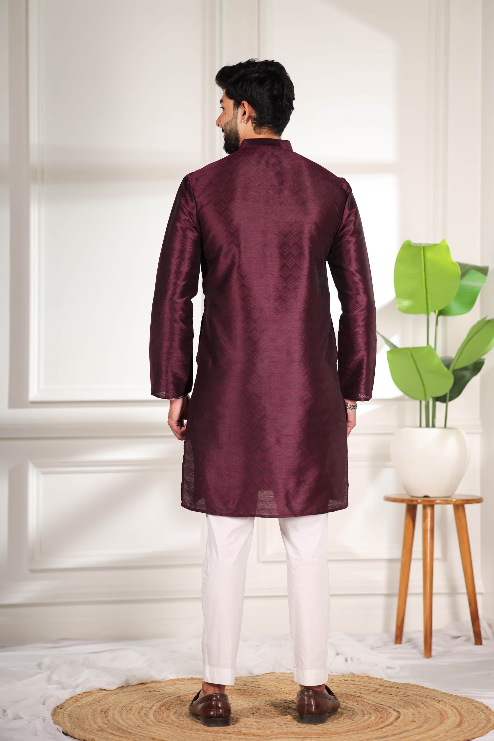 Wine Woven Pattern Art Silk Kurta Pyjama — alternate view