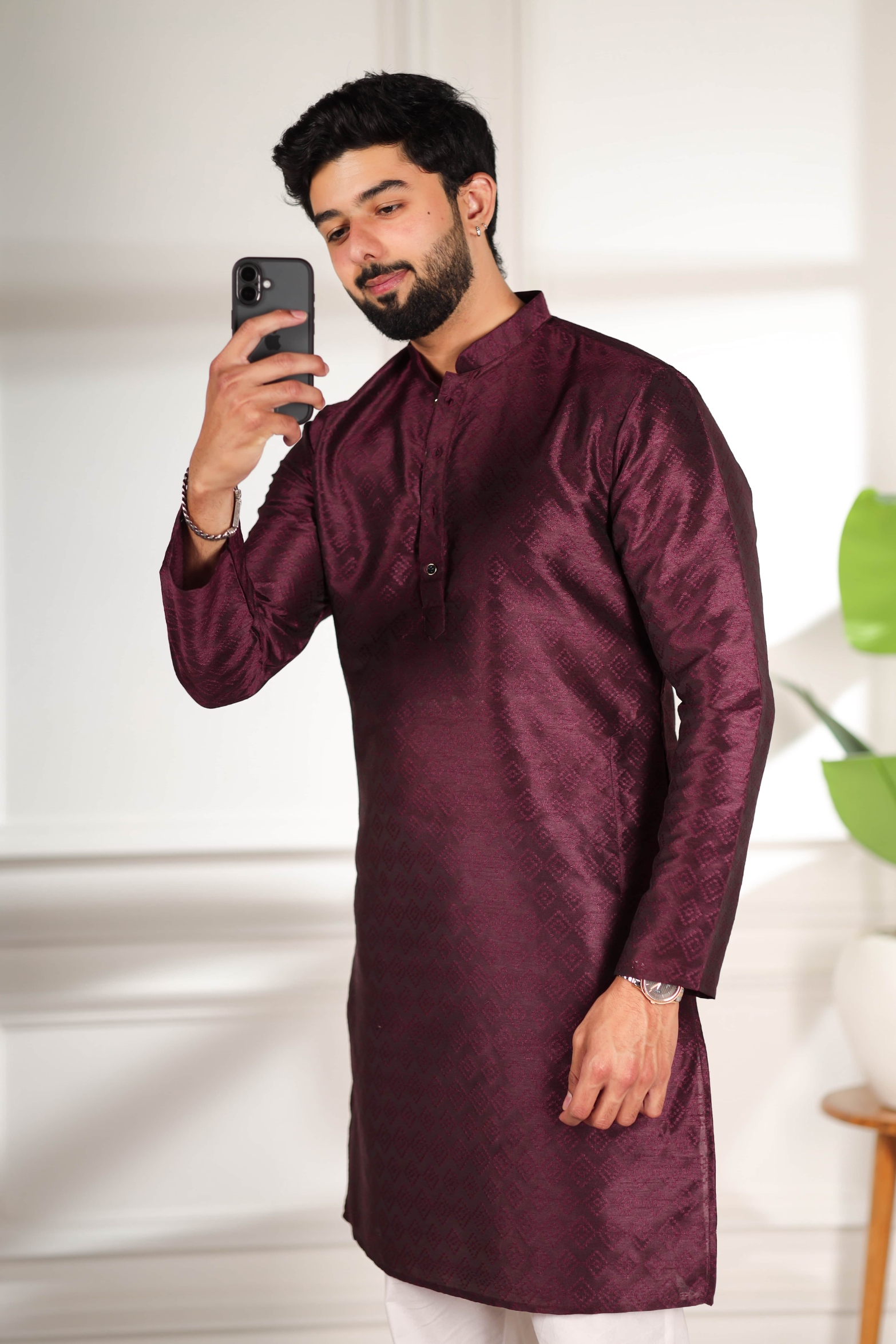 Wine Woven Pattern Art Silk Kurta Pyjama