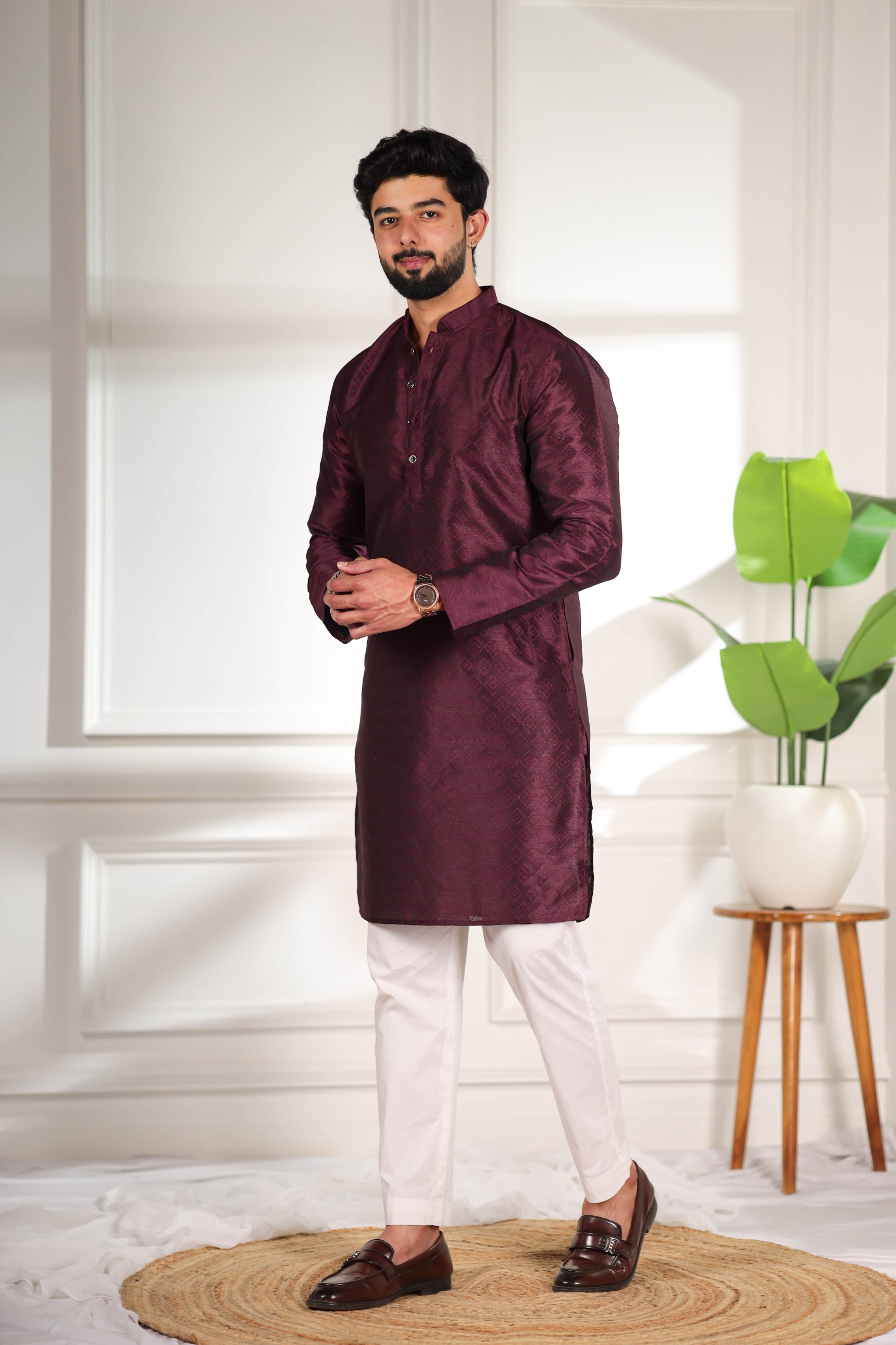 Wine Woven Pattern Art Silk Kurta Pyjama