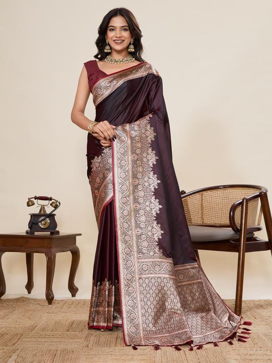 Wine Woven Satin Silk Saree