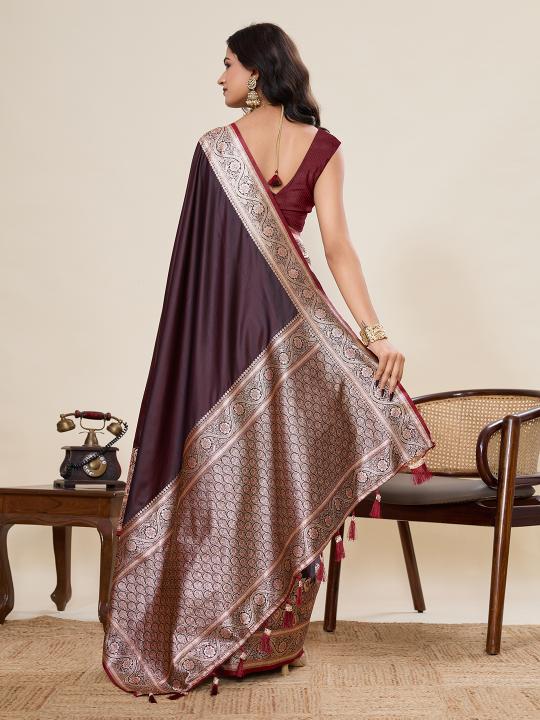 Wine Woven Satin Silk Saree — alternate view