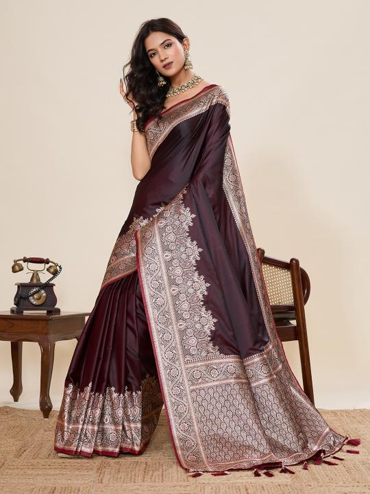 Wine Woven Satin Silk Saree