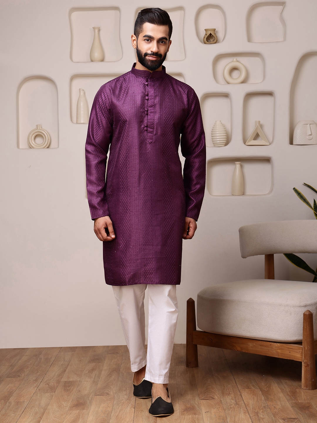 Wine Woven Sequence Embroidery Cotton Blend Kurta Pyjama