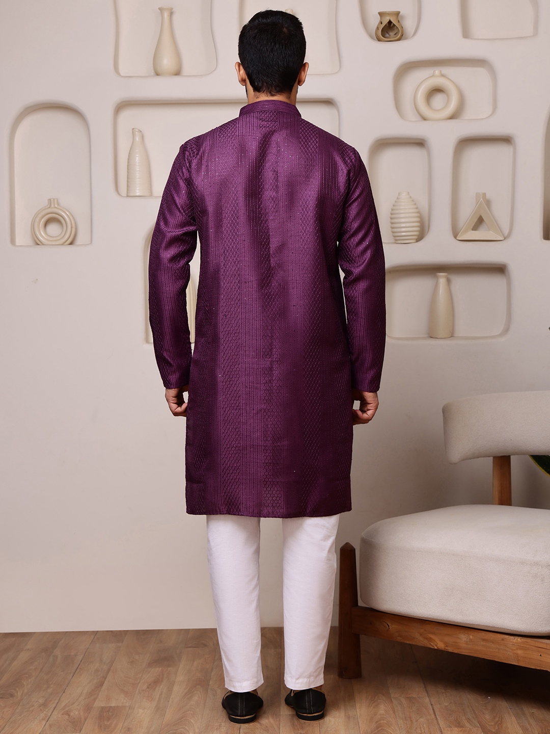 Wine Woven Sequence Embroidery Cotton Blend Kurta Pyjama — alternate view
