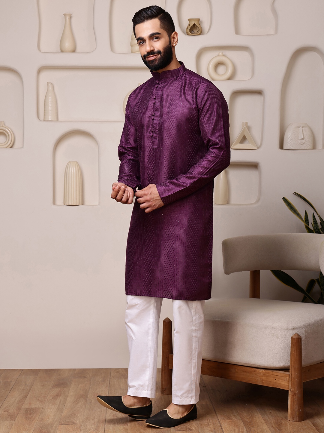 Wine Woven Sequence Embroidery Cotton Blend Kurta Pyjama