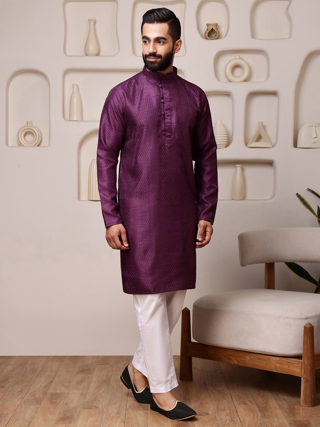 Wine Woven Sequence Embroidery Cotton Blend Kurta Pyjama