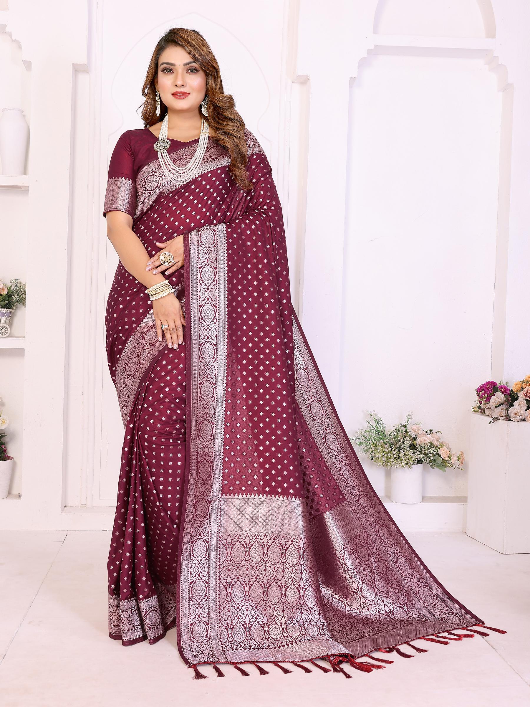 Wine Zari Butti Designer Saree