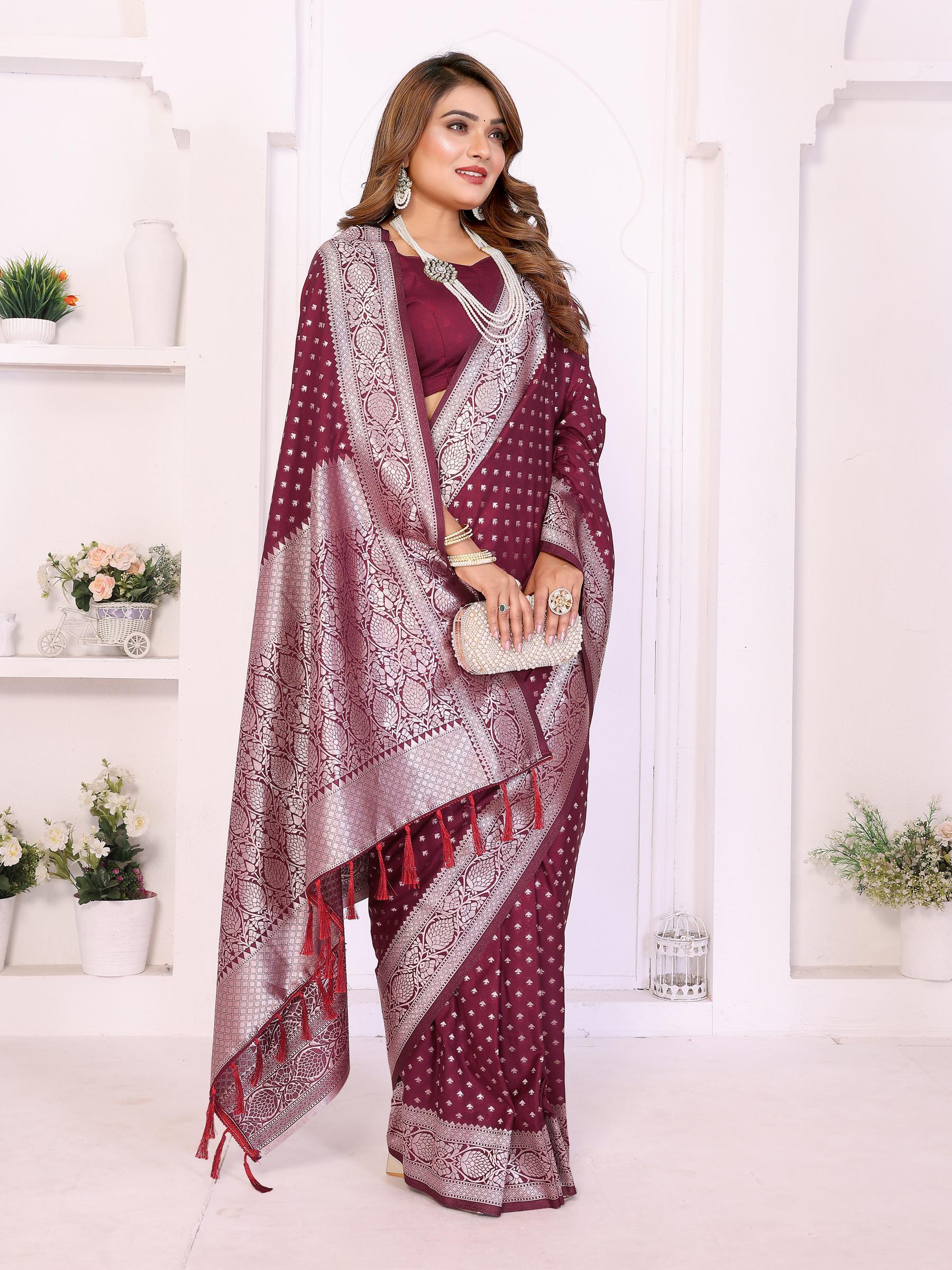 Wine Zari Butti Designer Saree