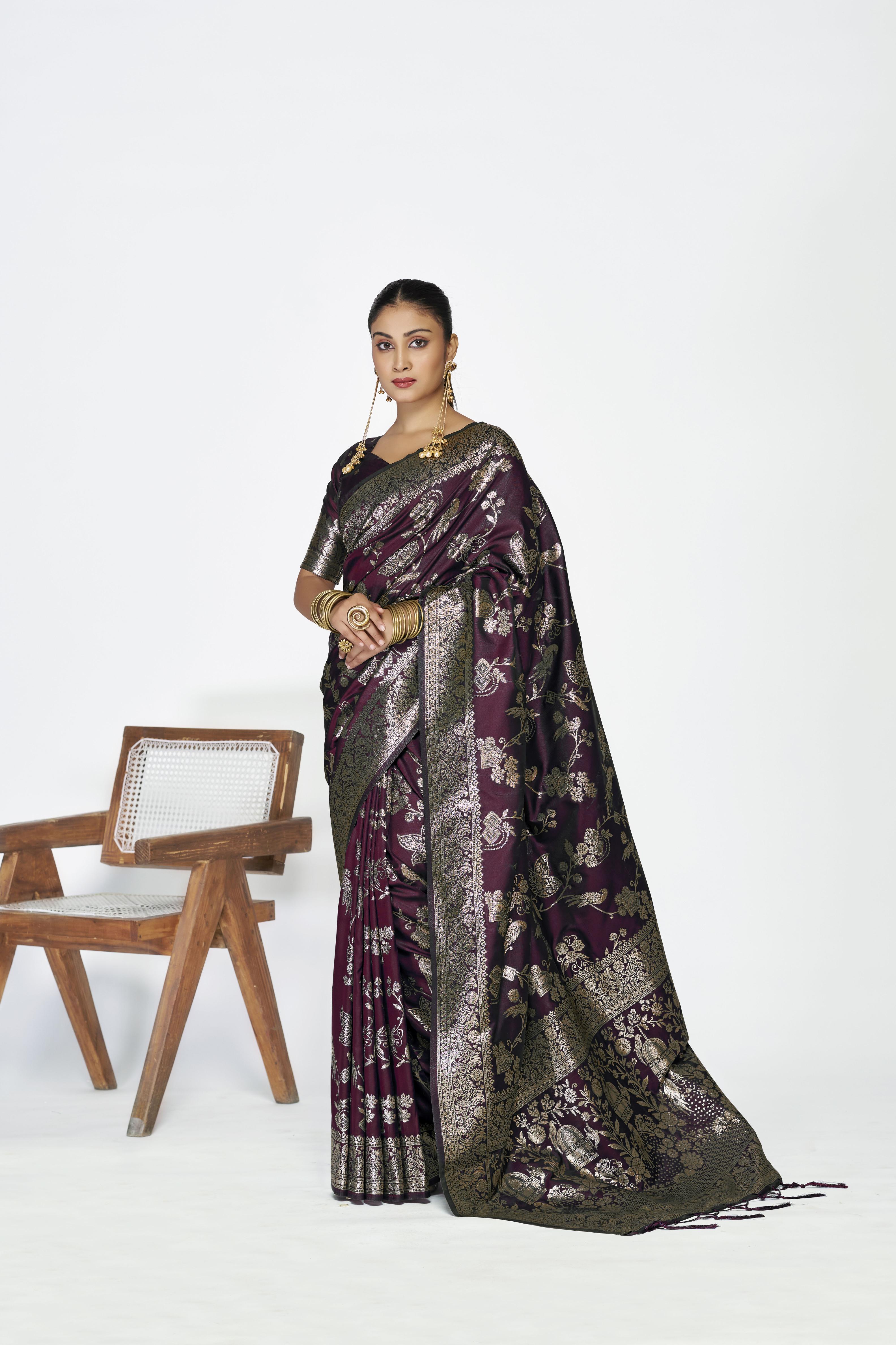 Wine Zari Floral Butti Designer Banarasi Silk Saree