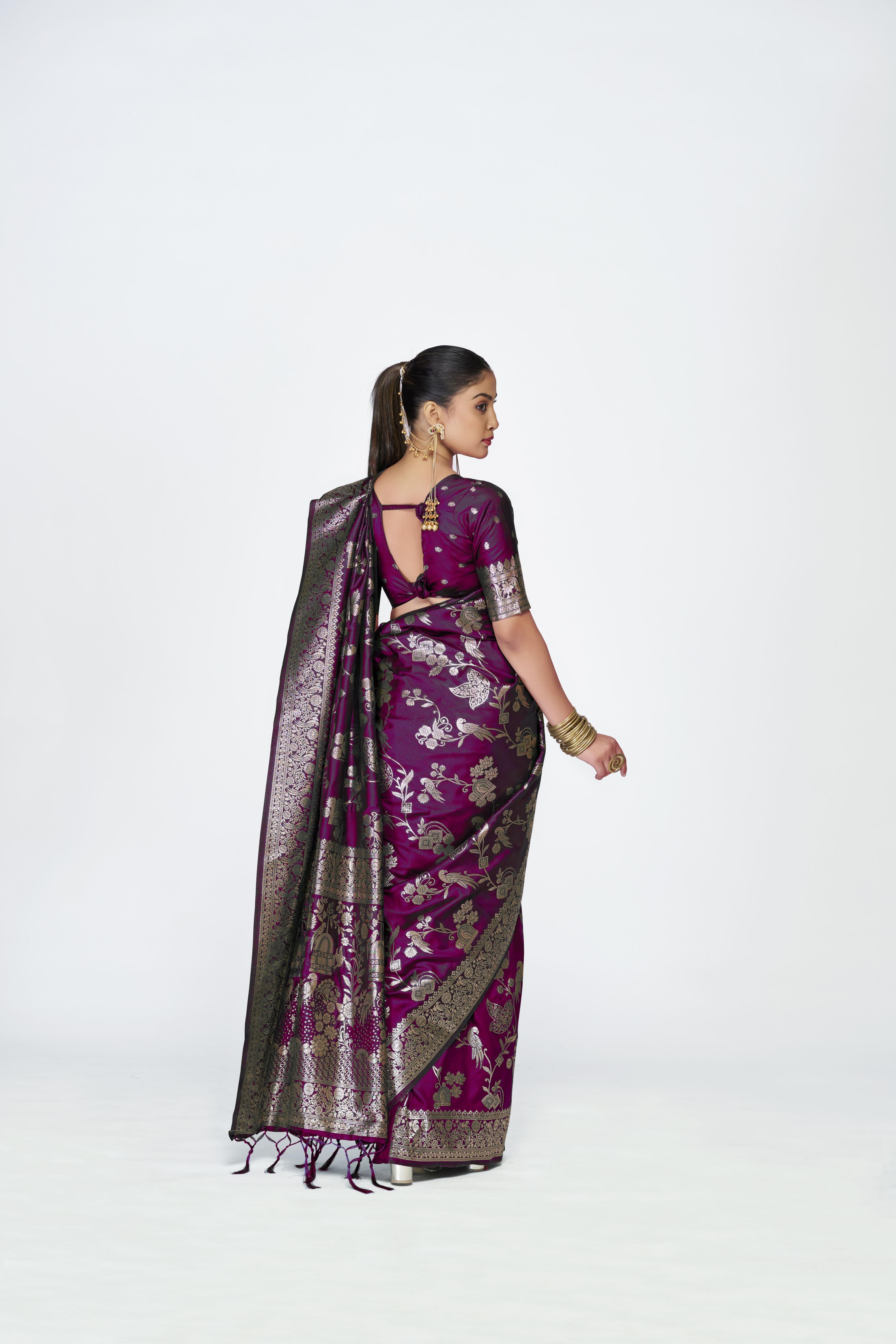 Wine Zari Floral Butti Designer Banarasi Silk Saree — alternate view