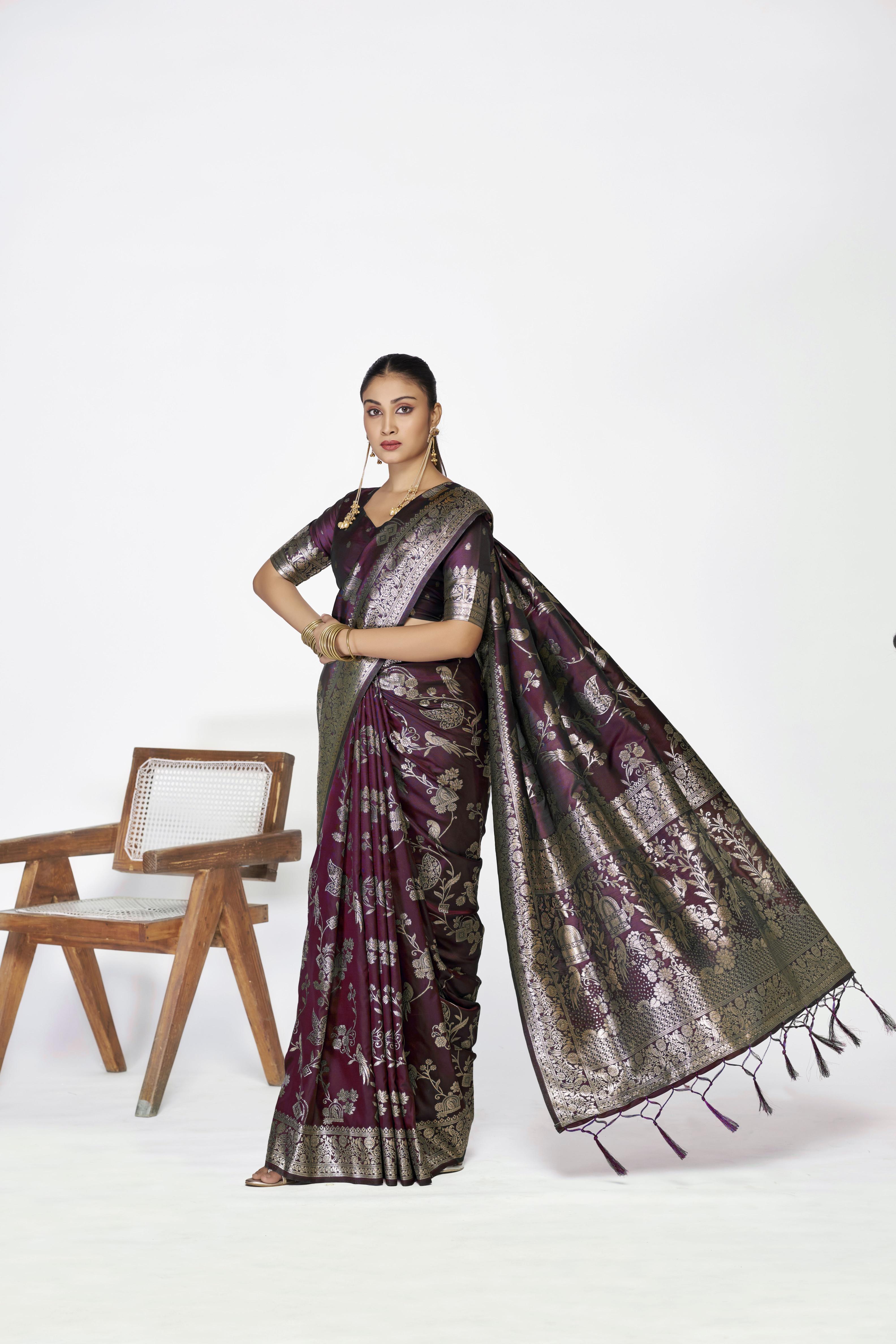 Wine Zari Floral Butti Designer Banarasi Silk Saree