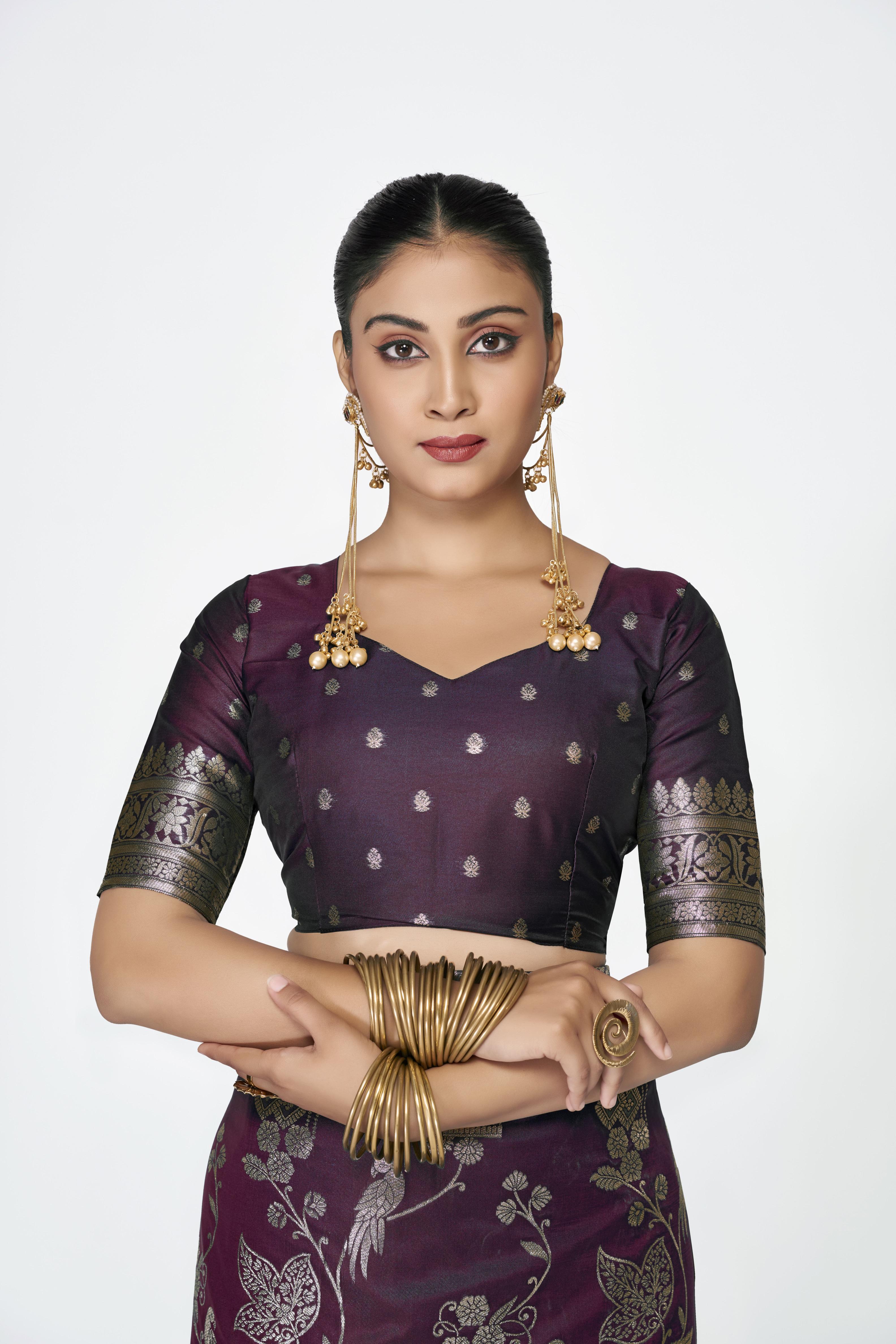 Wine Zari Floral Butti Designer Banarasi Silk Saree