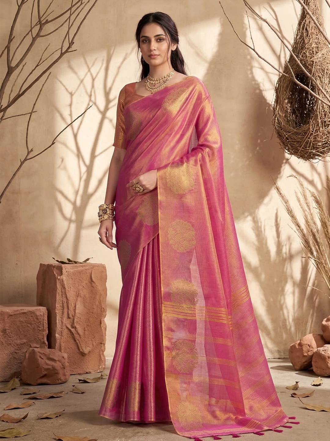 Wine Zari Motif Tissue Silk Saree