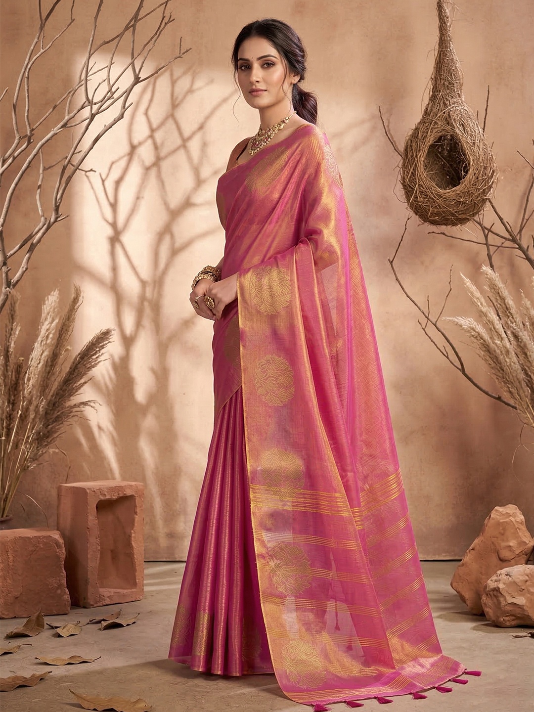 Wine Zari Motif Tissue Silk Saree