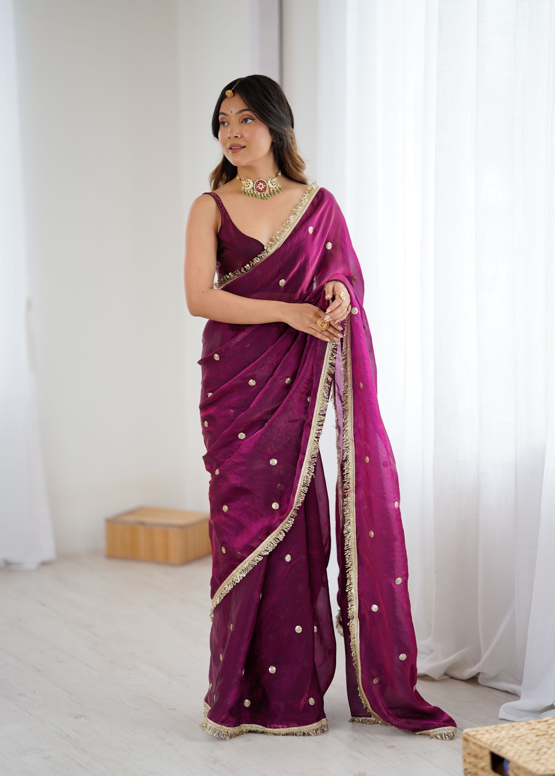 Wine Zari Sequin Fendy Satin Saree