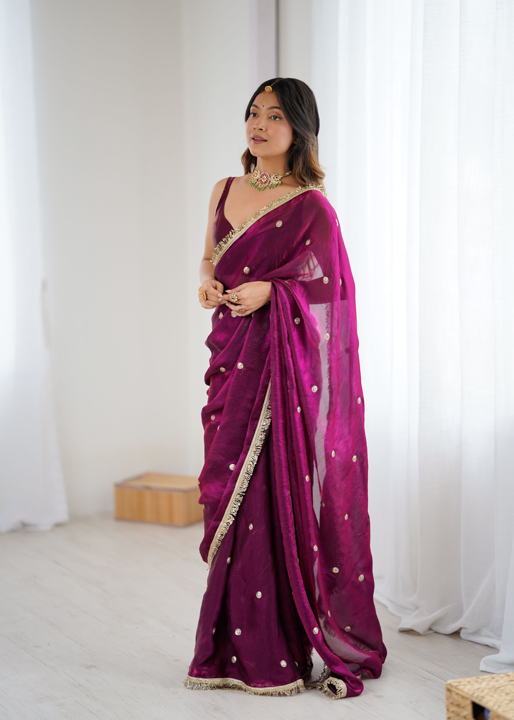Wine Zari Sequin Fendy Satin Saree — alternate view